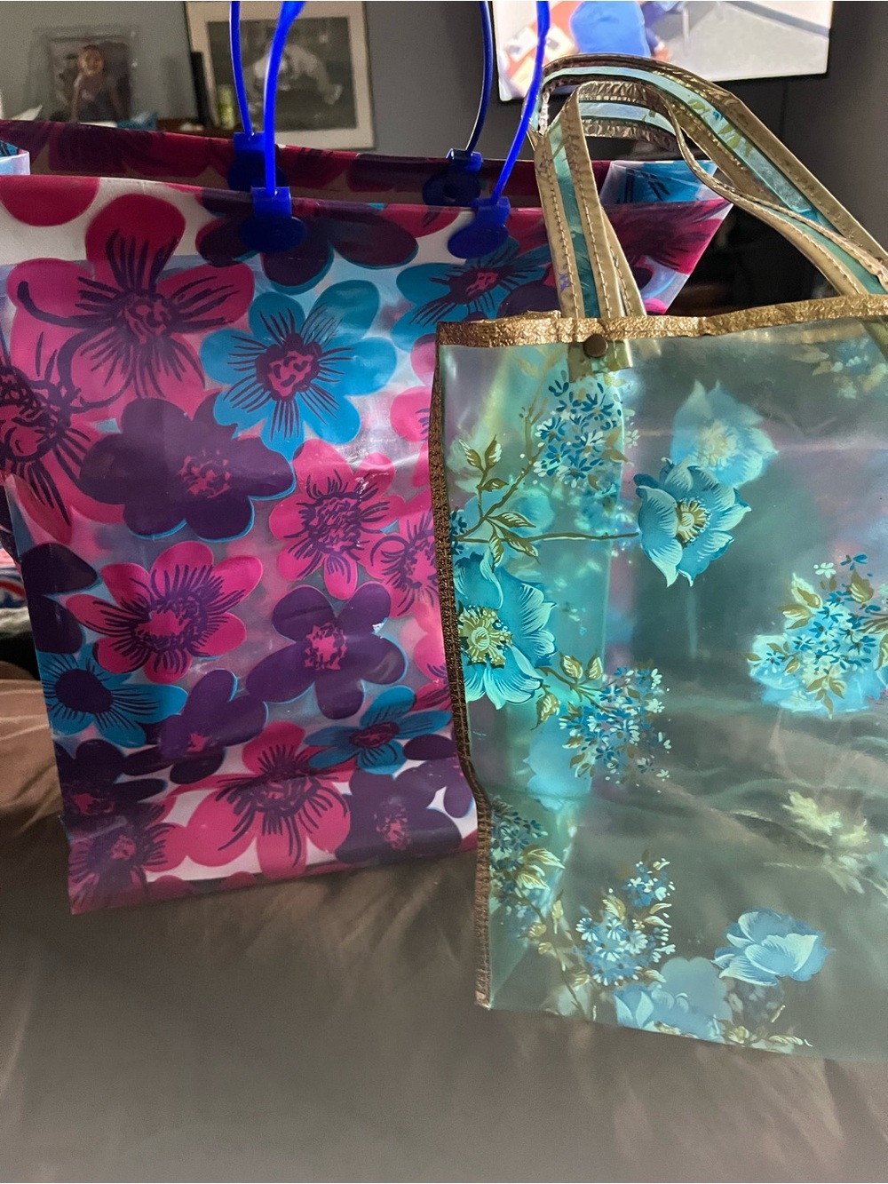 Floral Clear Tote Bag in Blue & Pink/Teal&Gold